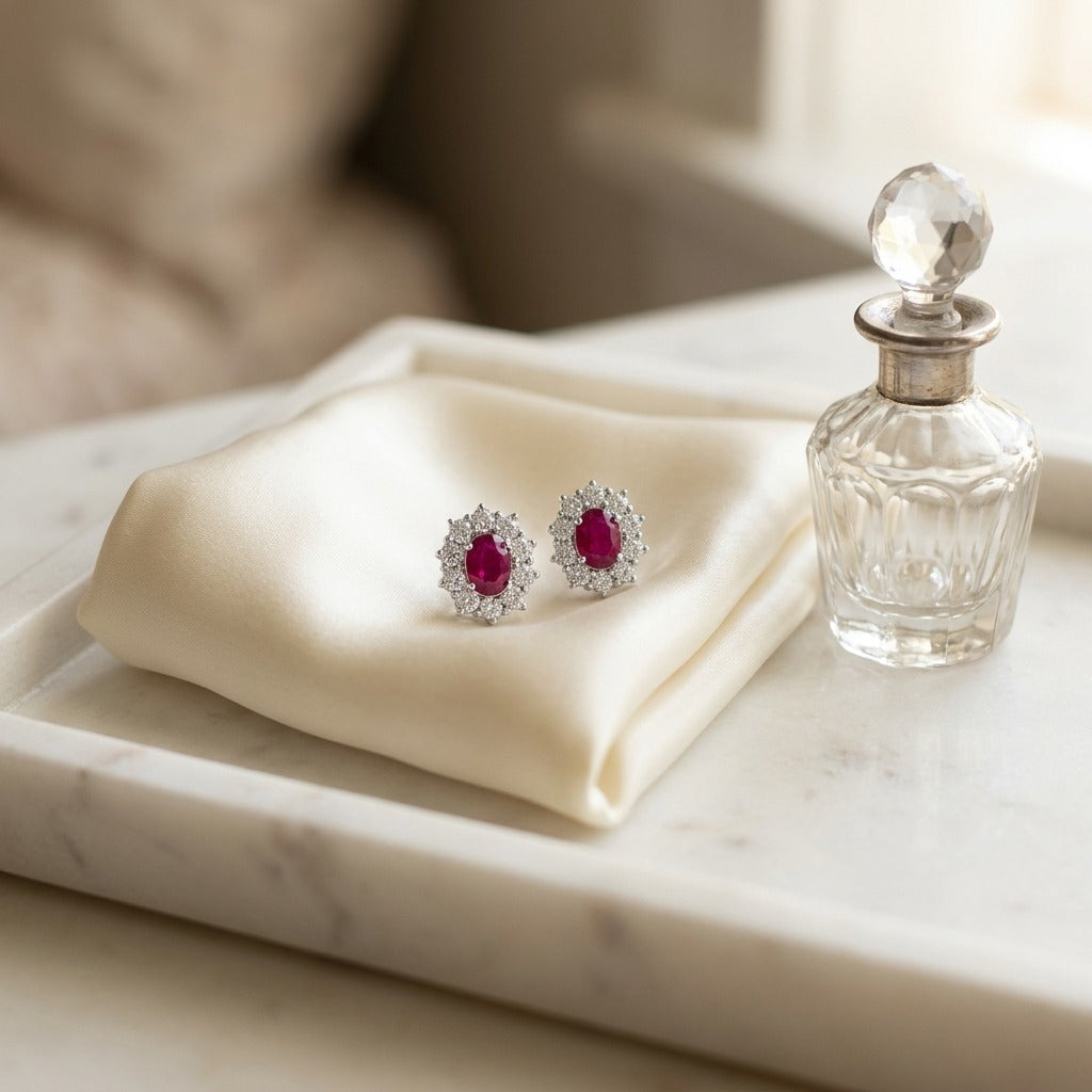 Ruby Oval Prong Halo Earrings In 18k White Gold 2Ctw — marble silk