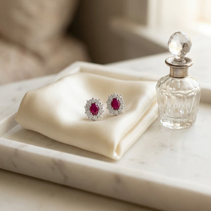 Ruby Oval Prong Halo Earrings In 18k White Gold 2Ctw — marble silk