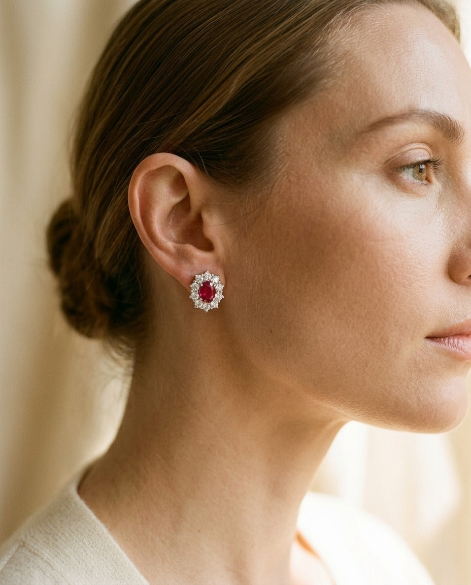 Ruby Oval Prong Halo Earrings In 18k White Gold 2Ctw — portrait close