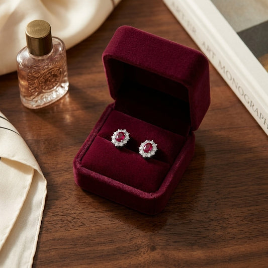 Ruby Oval Prong Halo Earrings In 18k White Gold 2Ctw — velvet box