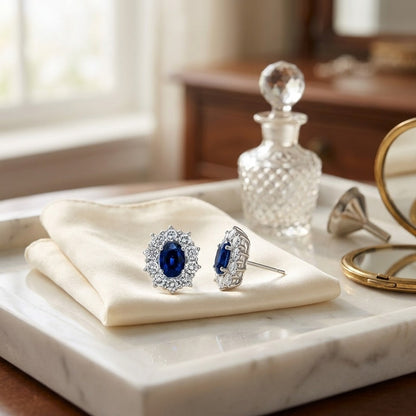 Sapphire and Diamond Princess Di Earrings in 18k White Gold (8x6mm) — marble silk