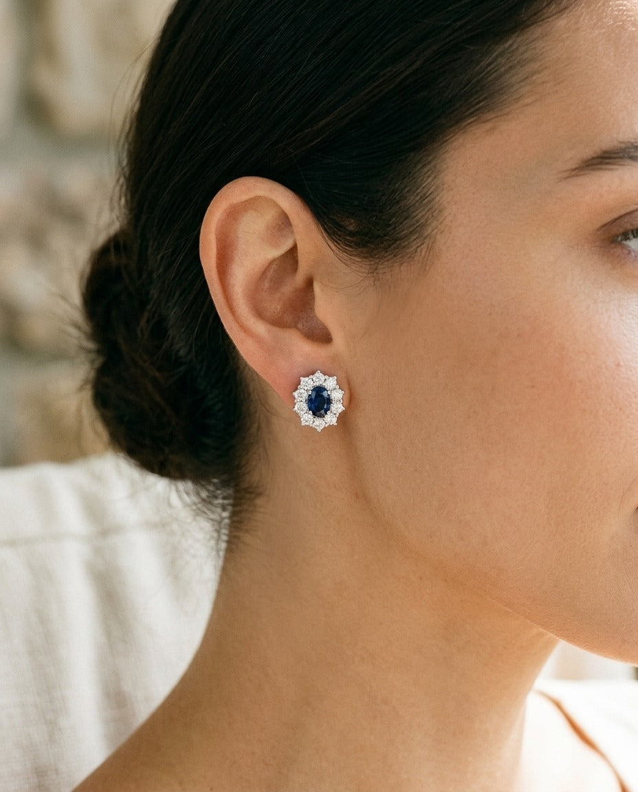 Sapphire and Diamond Princess Di Earrings in 18k White Gold (8x6mm) — portrait close
