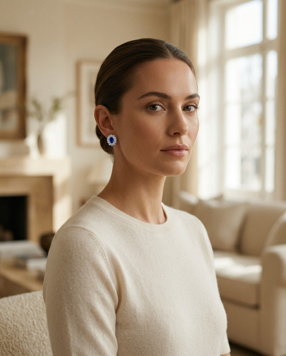 Sapphire and Diamond Princess Di Earrings in 18k White Gold (8x6mm) — portrait full