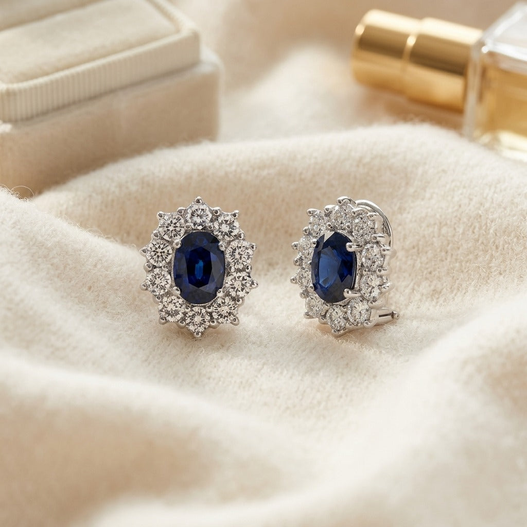 Sapphire and Diamond Princess Di Earrings in 18k White Gold (8x6mm) — textile flat lay