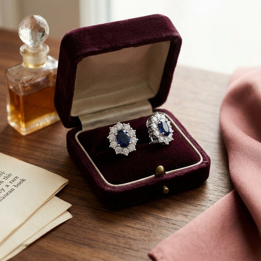 Sapphire and Diamond Princess Di Earrings in 18k White Gold (8x6mm) — velvet box