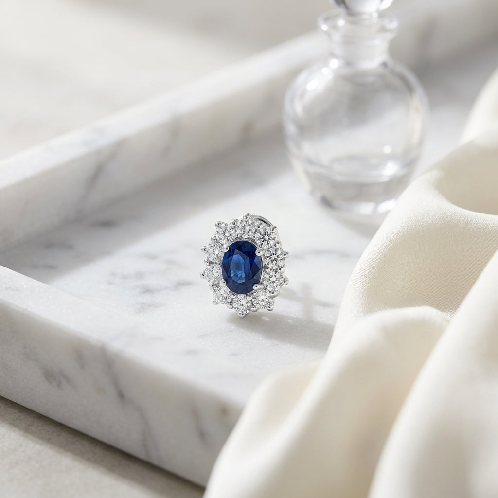 Sapphire Oval Prong Halo Earrings In 18k White Gold 2Ctw — atelier still life
