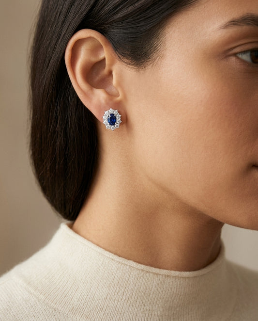 Sapphire Oval Prong Halo Earrings In 18k White Gold 2Ctw — editorial close-up