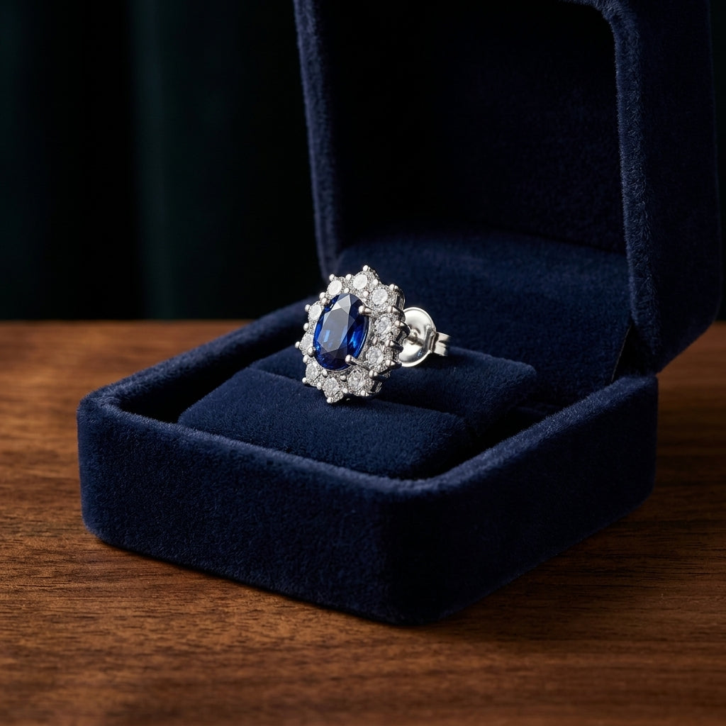 Sapphire Oval Prong Halo Earrings In 18k White Gold 2Ctw — gift presentation