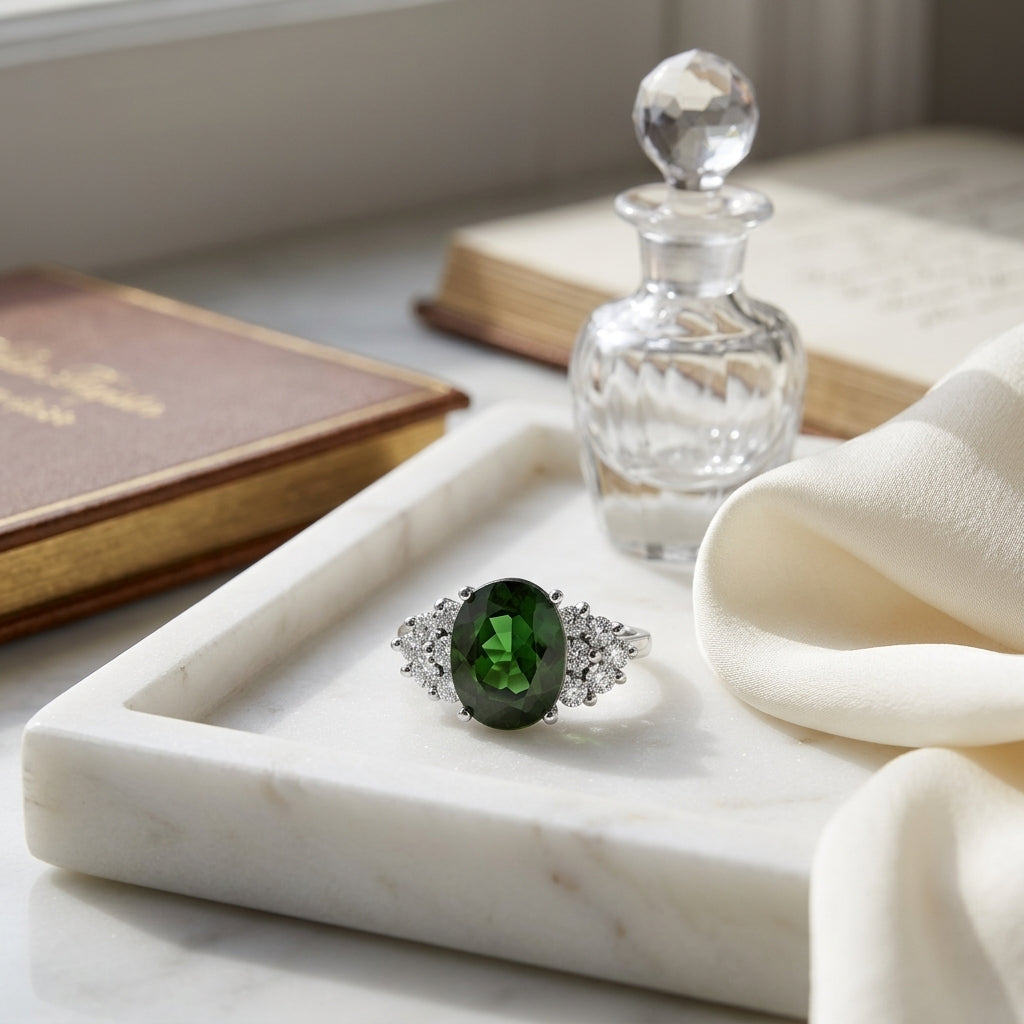 Green Tourmaline And Diamond Oval Cocktail Ring In 18k White Gold — atelier still life