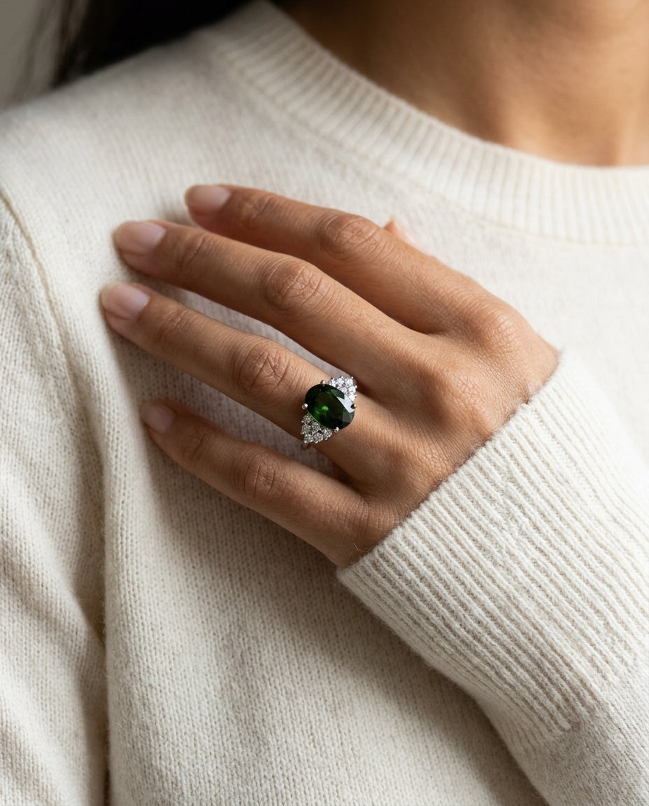 Green Tourmaline And Diamond Oval Cocktail Ring In 18k White Gold — editorial close-up
