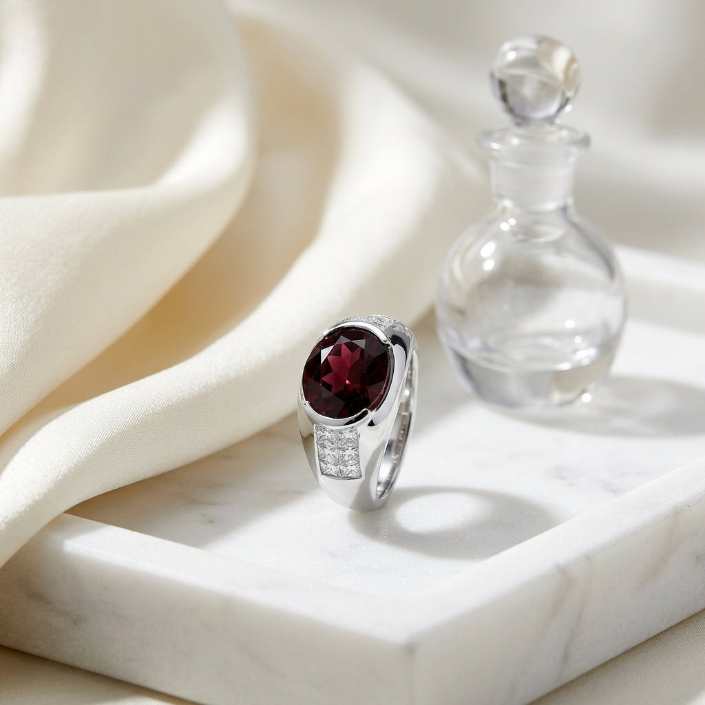 Rhodolite Garnet And Diamond Sideways Oval Semi Bezel Ring In 18k White Gold (1.15ctw) — atelier still life