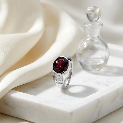 Rhodolite Garnet And Diamond Sideways Oval Semi Bezel Ring In 18k White Gold (1.15ctw) — atelier still life