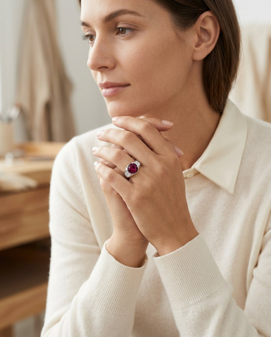 Rhodolite Garnet And Diamond Sideways Oval Semi Bezel Ring In 18k White Gold (1.15ctw) — editorial close-up