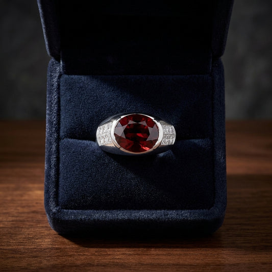 Rhodolite Garnet And Diamond Sideways Oval Semi Bezel Ring In 18k White Gold (1.15ctw) — gift presentation