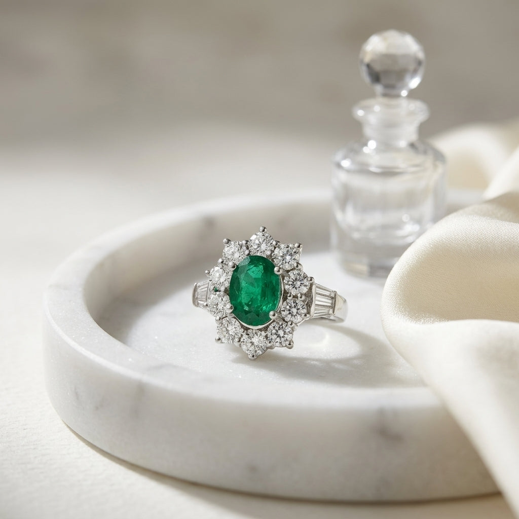 Emerald And Diamond Flower Ring In 18k White Gold — atelier still life