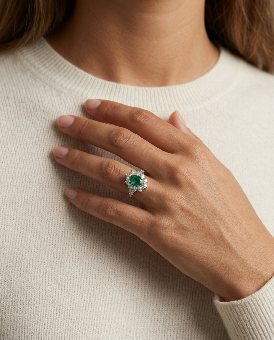 Emerald And Diamond Flower Ring In 18k White Gold — editorial close-up