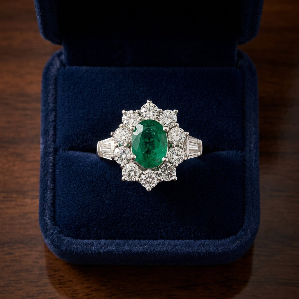 Emerald And Diamond Flower Ring In 18k White Gold — gift presentation