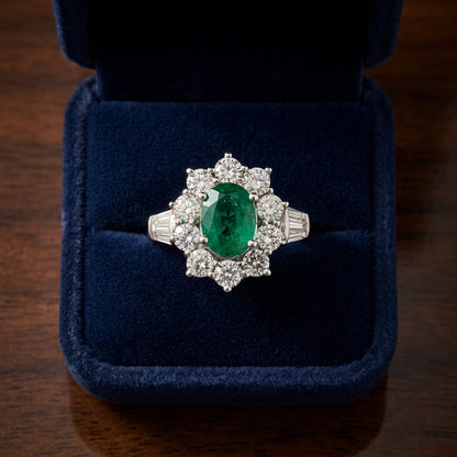 Emerald And Diamond Flower Ring In 18k White Gold — gift presentation