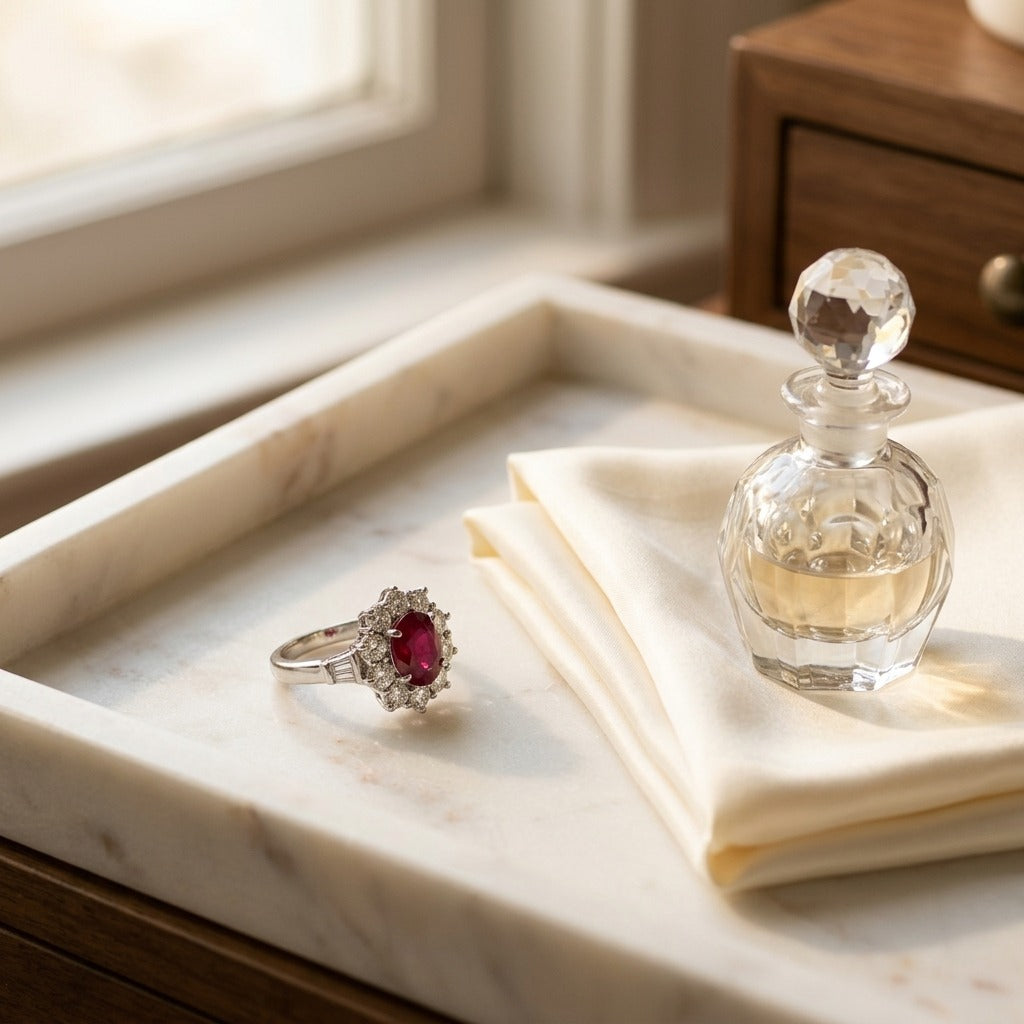 Ruby Oval and Diamond Flower Ring in 18k White Gold (8x6) — marble silk