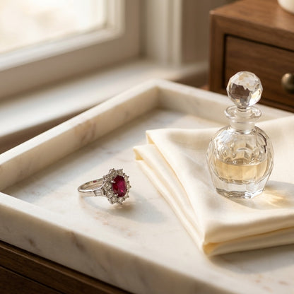 Ruby Oval and Diamond Flower Ring in 18k White Gold (8x6) — marble silk