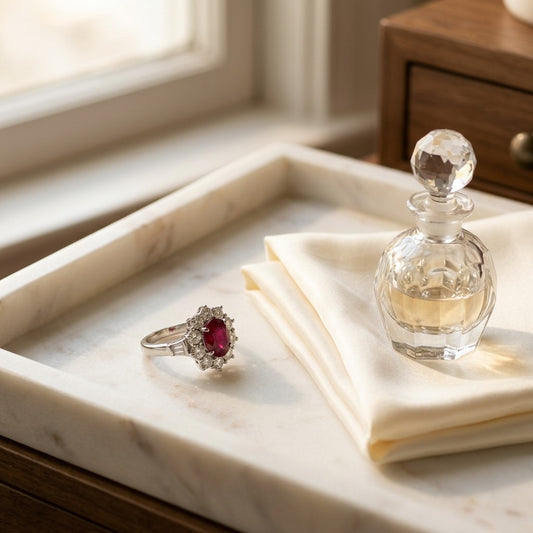 Ruby Oval and Diamond Flower Ring in 18k White Gold (8x6) — marble silk