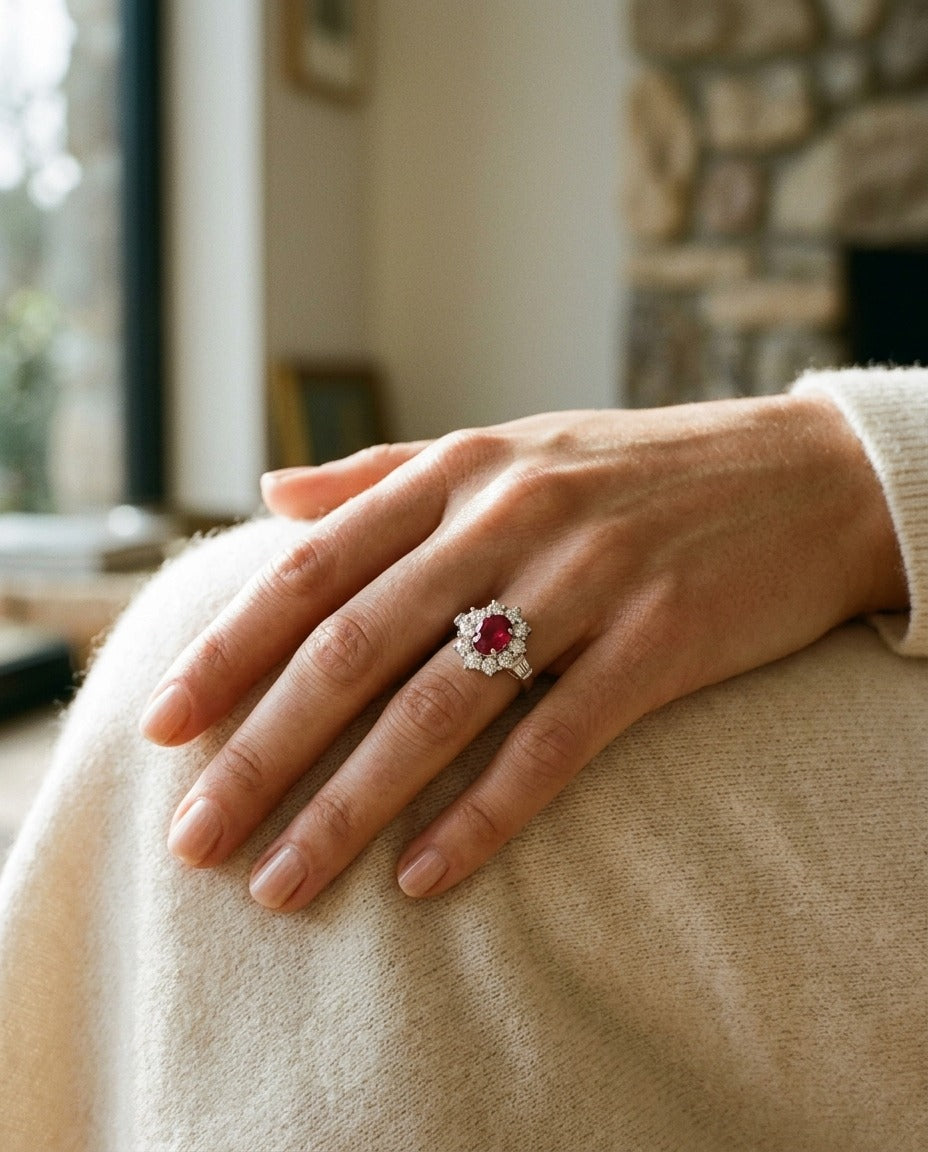 Ruby Oval and Diamond Flower Ring in 18k White Gold (8x6) — portrait close