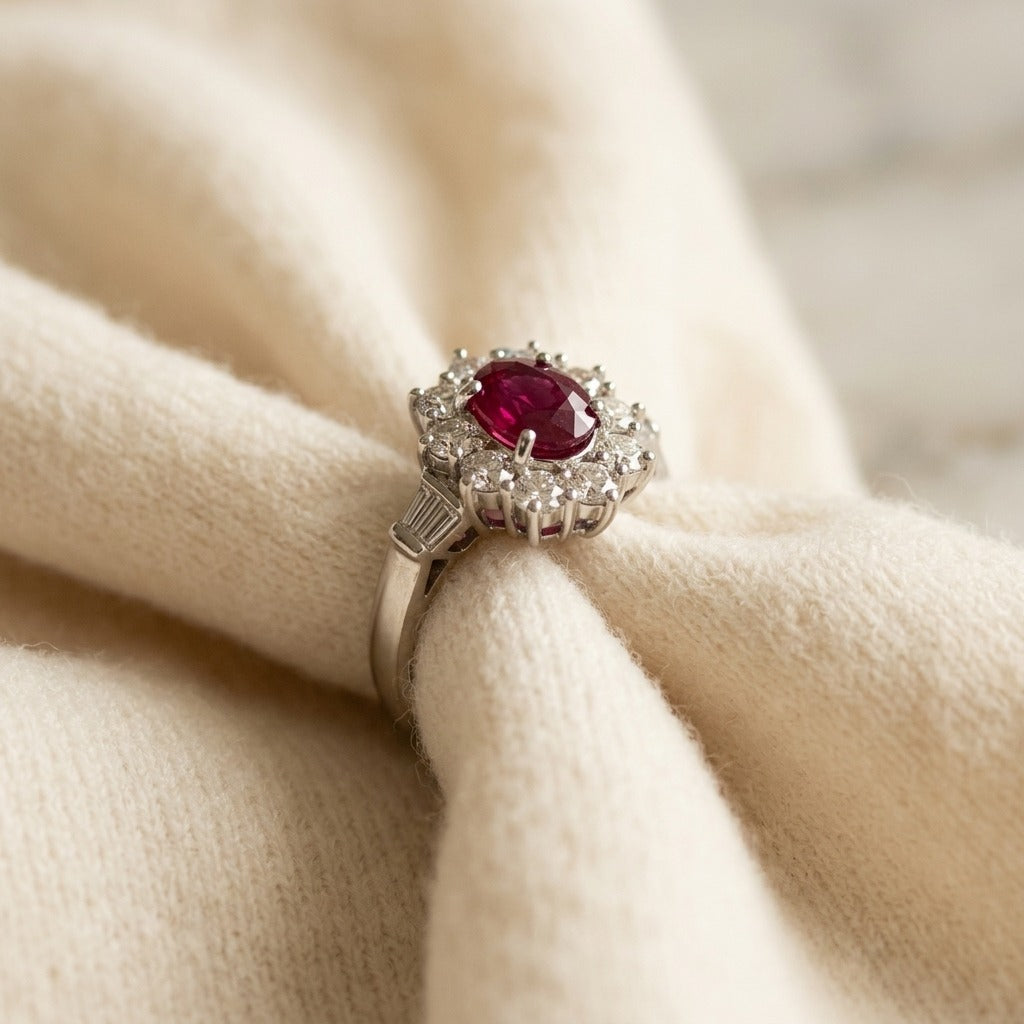 Ruby Oval and Diamond Flower Ring in 18k White Gold (8x6) — textile flat lay