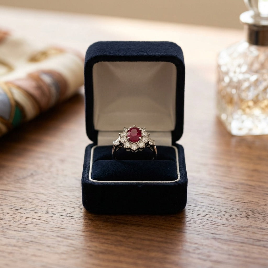 Ruby Oval and Diamond Flower Ring in 18k White Gold (8x6) — velvet box