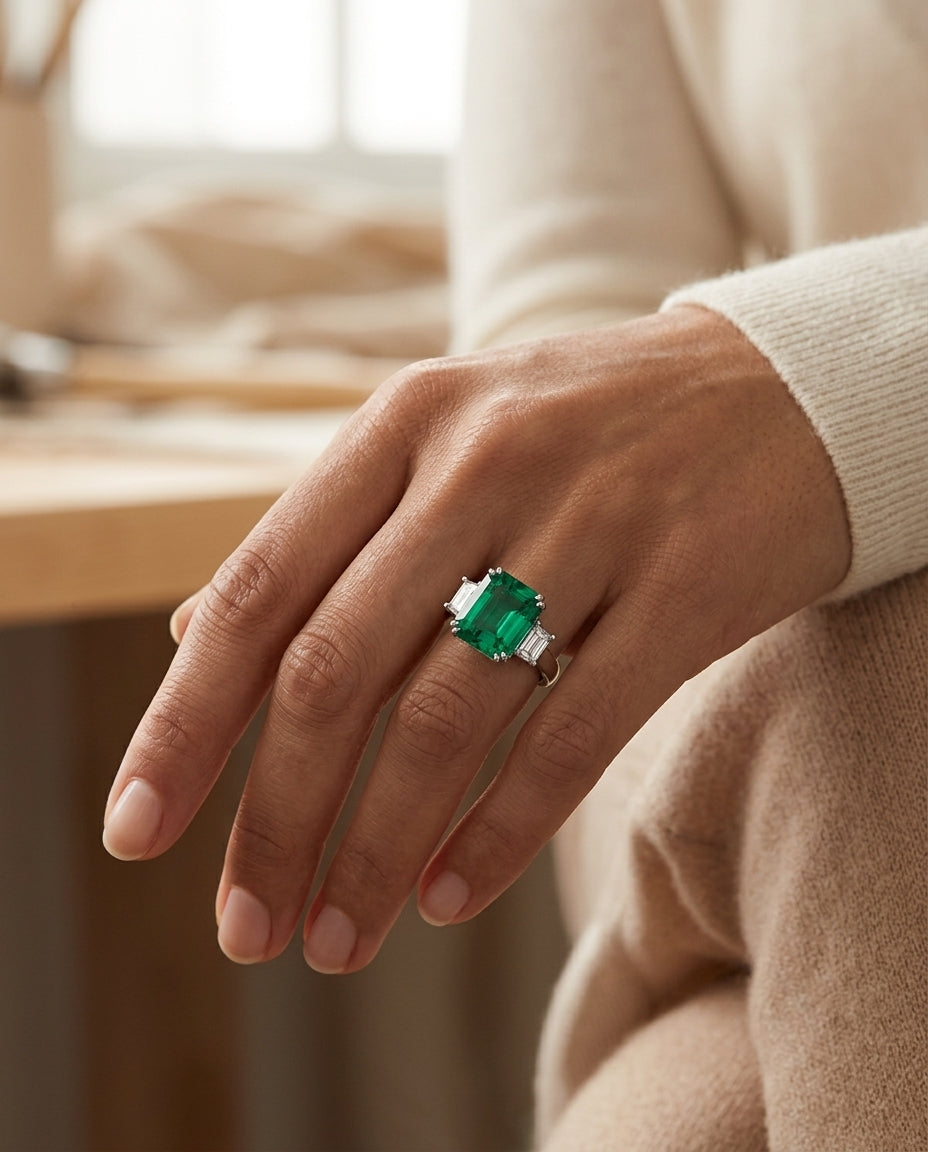 Prong Set Three Stone Emerald And Diamond Ring In 18k White Gold — editorial close-up
