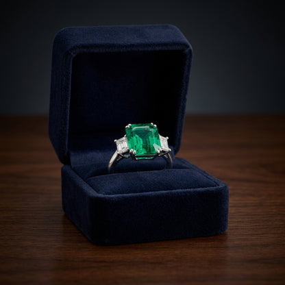 Prong Set Three Stone Emerald And Diamond Ring In 18k White Gold — gift presentation