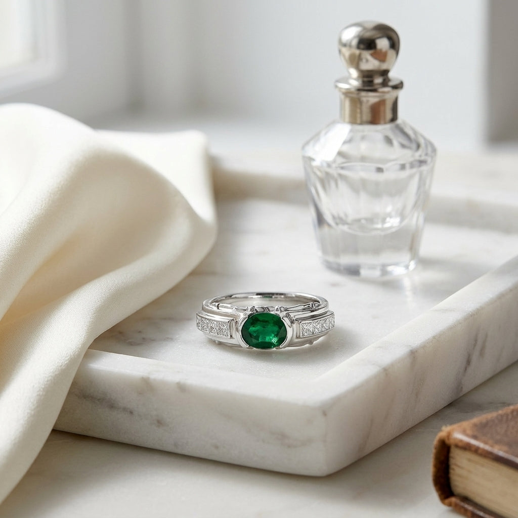 Emerald And Diamond Semi Bezel Channel Princess Ring In 18k White Gold — atelier still life