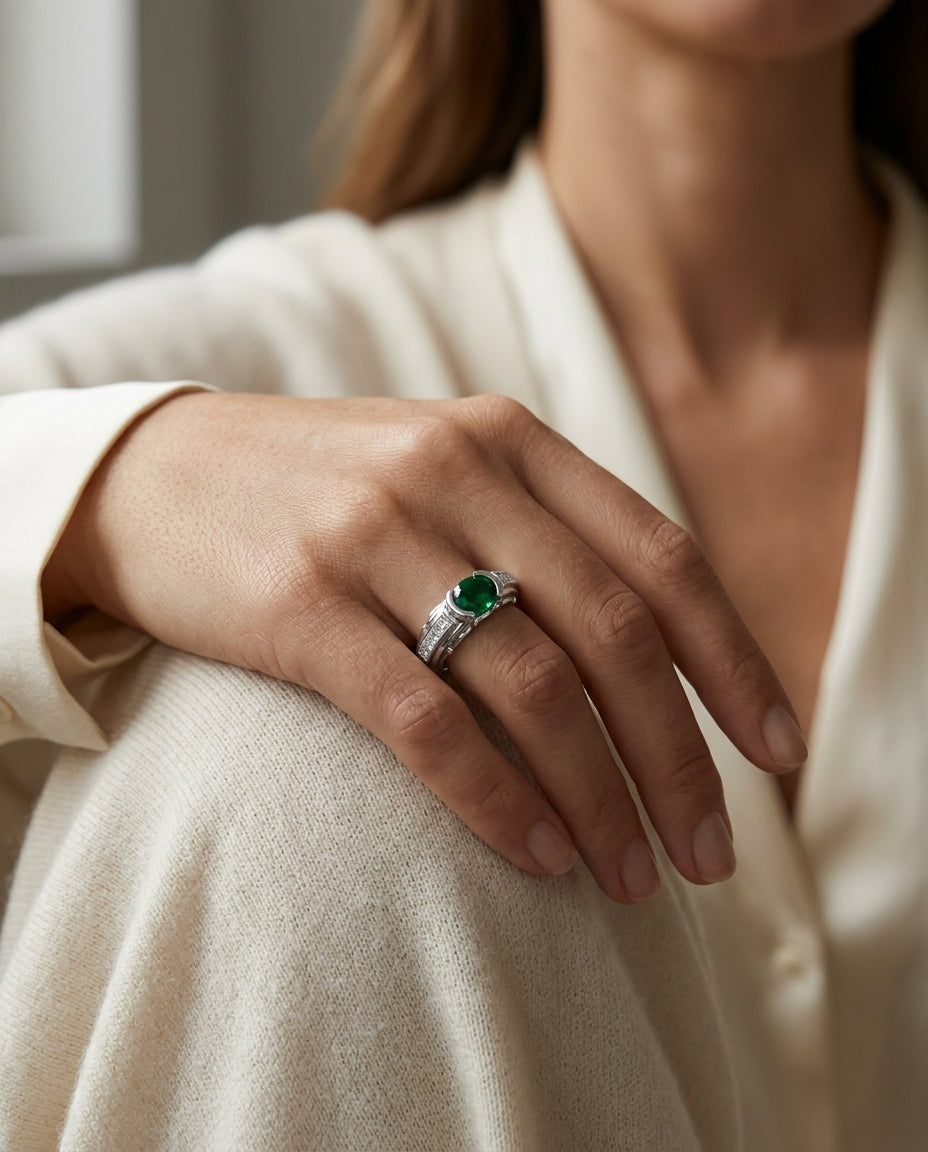 Emerald And Diamond Semi Bezel Channel Princess Ring In 18k White Gold — editorial close-up