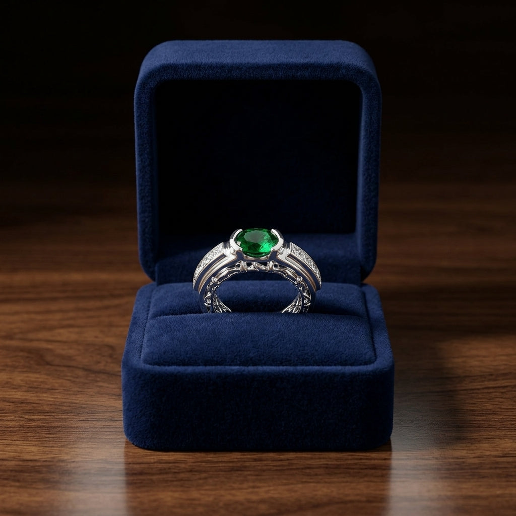 Emerald And Diamond Semi Bezel Channel Princess Ring In 18k White Gold — gift presentation