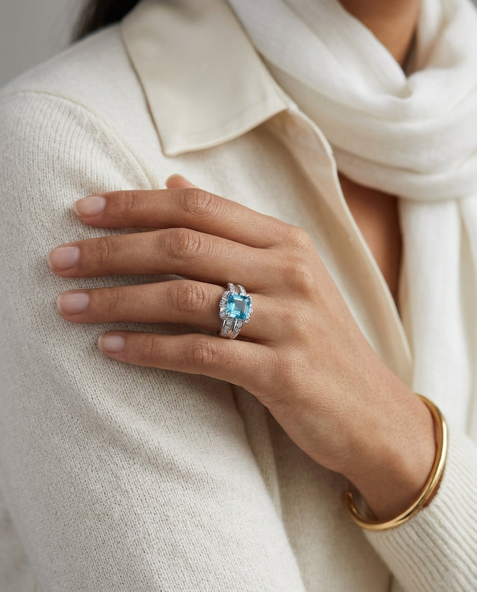Aquamarine And Diamond Sideways Emerald Cut Ring In 18k White Gold — editorial close-up