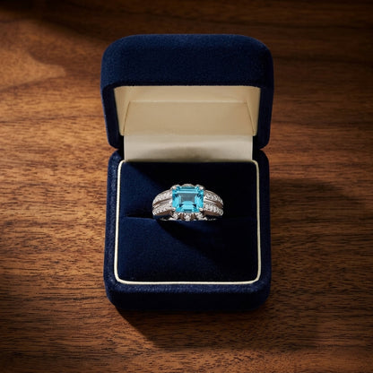 Aquamarine And Diamond Sideways Emerald Cut Ring In 18k White Gold — gift presentation