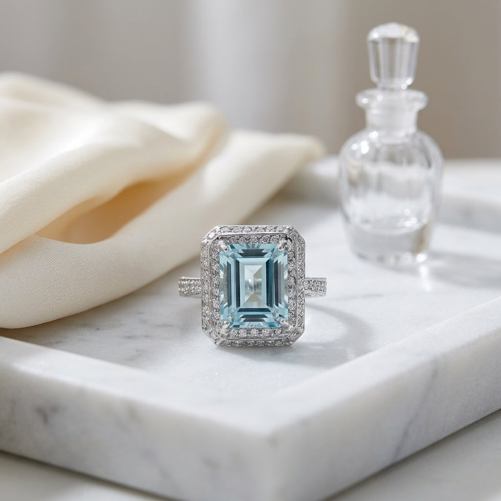 Aquamarine And Diamond Ring In 18k White Gold — atelier still life