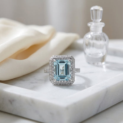 Aquamarine And Diamond Ring In 18k White Gold — atelier still life