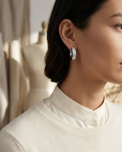 Diamond Invisible Set Huggie Earrings In 18k White Gold — editorial close-up