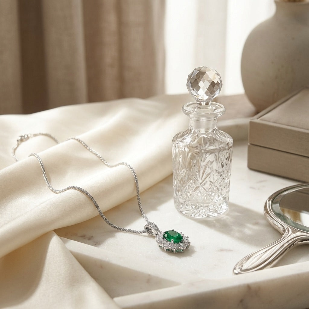 Emerald Oval and Diamond Pendant in 18k Gold (8x6mm) — marble silk