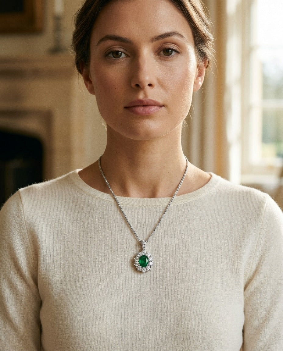 Emerald Oval and Diamond Pendant in 18k Gold (8x6mm) — portrait close