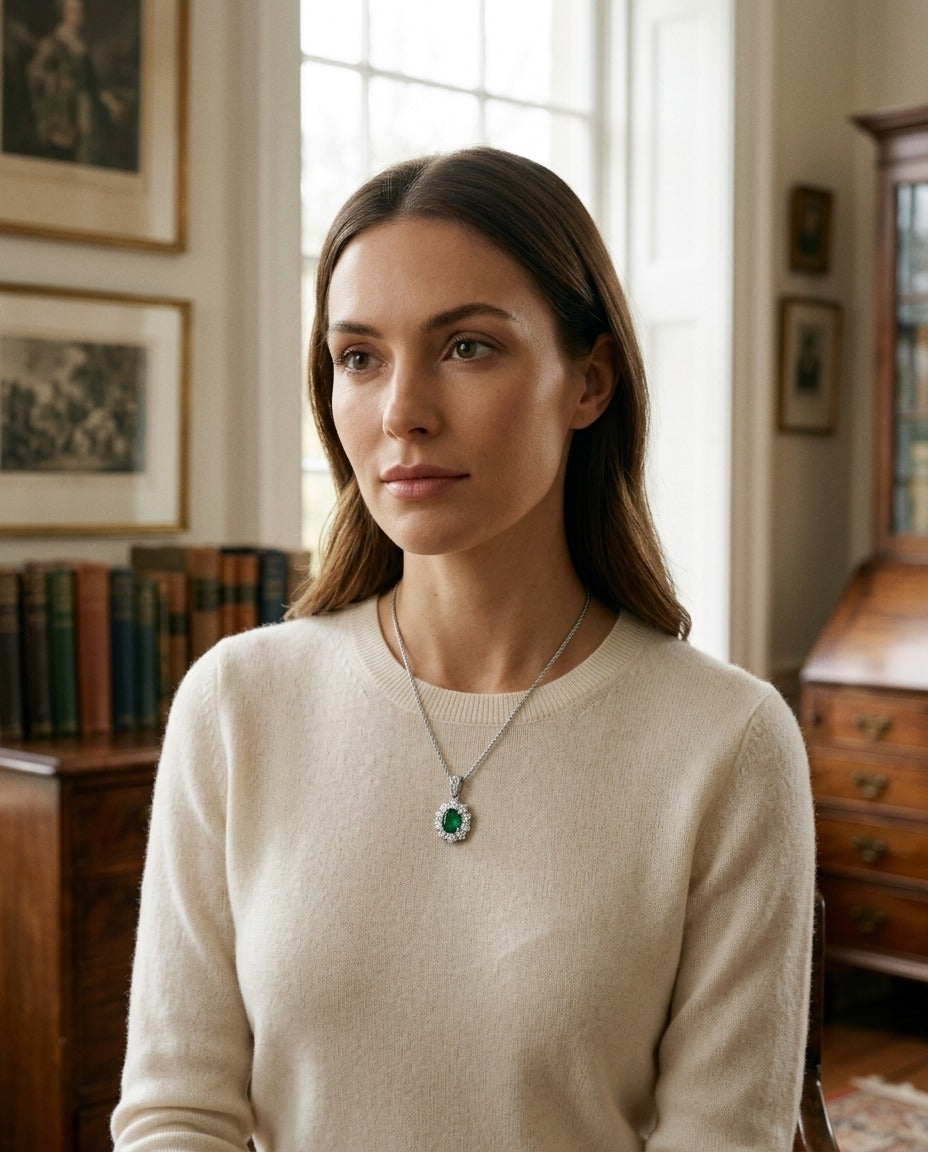 Emerald Oval and Diamond Pendant in 18k Gold (8x6mm) — portrait full