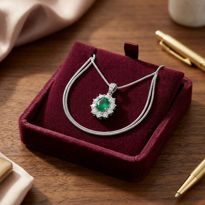 Emerald Oval and Diamond Pendant in 18k Gold (8x6mm) — velvet box