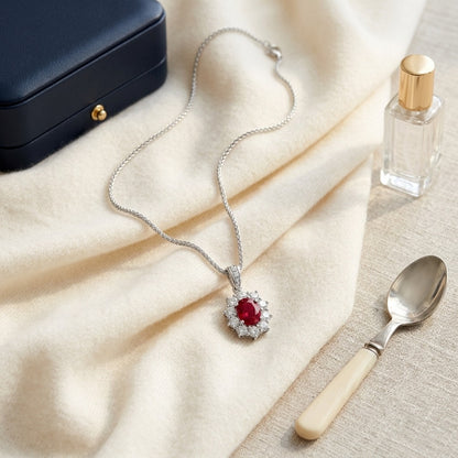 Pink Tourmaline and Diamond Oval Halo Pendant with Tapered Channel Bail in 18k White Gold (8x6mm) — textile flat lay