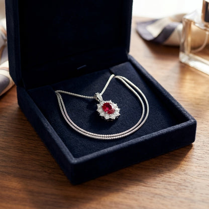 Pink Tourmaline and Diamond Oval Halo Pendant with Tapered Channel Bail in 18k White Gold (8x6mm) — velvet box