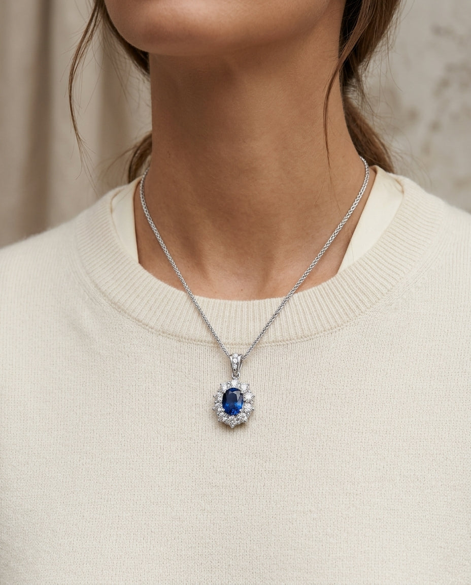 Sapphire And Diamond Pendant In 18k White Gold — editorial close-up