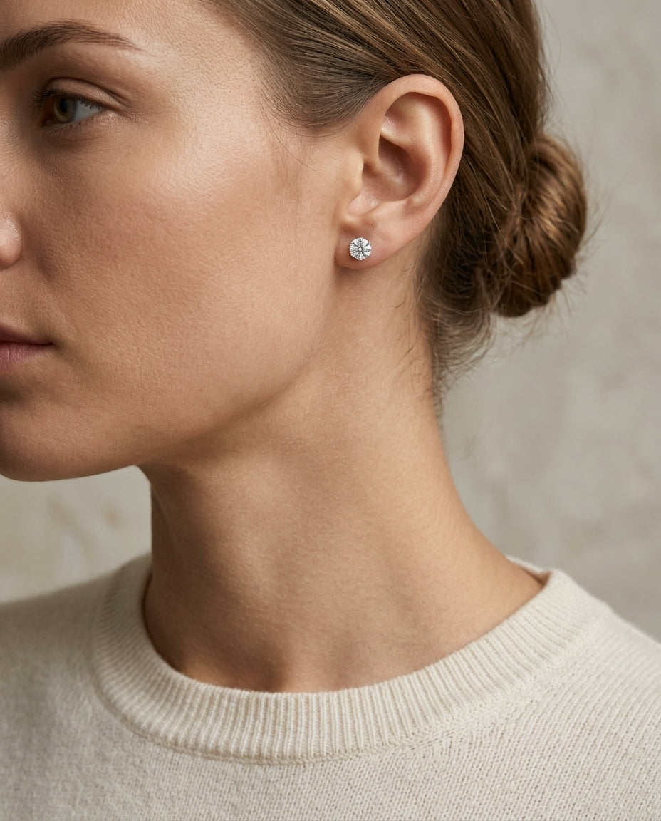 18k White Gold 3-prong Round Brilliant Diamond Stud Earrings (1.06 Ct. T.w., Vs1-vs2 Clarity, F-g Color) — editorial close-up