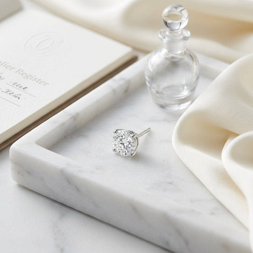 18k White Gold 4-prong Round Brilliant Diamond Stud Earrings (1.48 Ct. T.w., Vs1-vs2 Clarity, H-i Color) — atelier still life