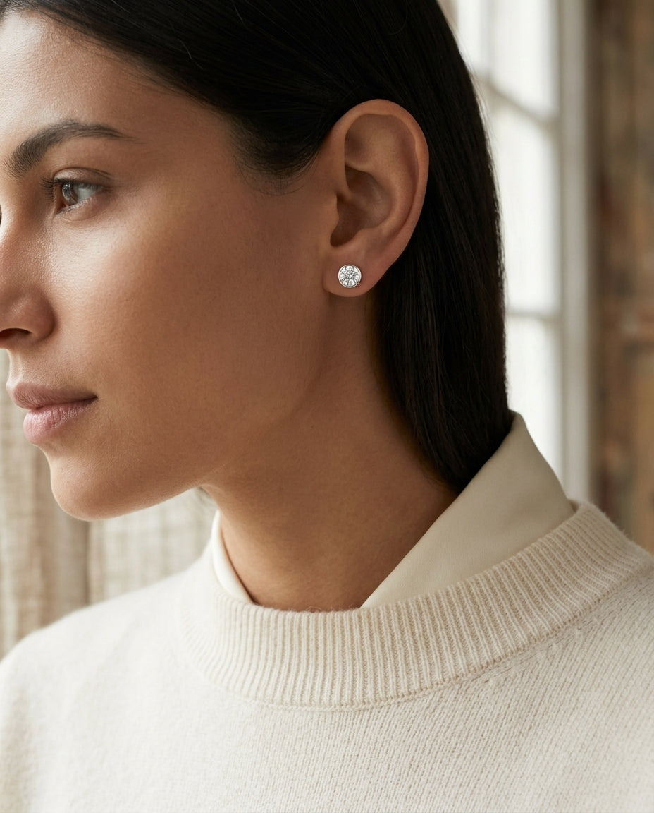 18k White Gold Bezel Set Round Brilliant Diamond Stud Earrings (1.48 Ct. T.w., Vs1-vs2 Clarity, H-i Color) — editorial close-up