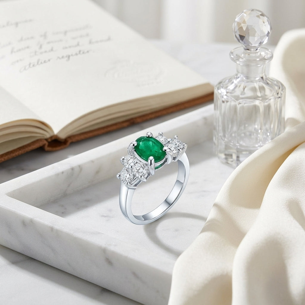 Emerald And Diamond Oval Prong Ring In 18k White Gold — atelier still life