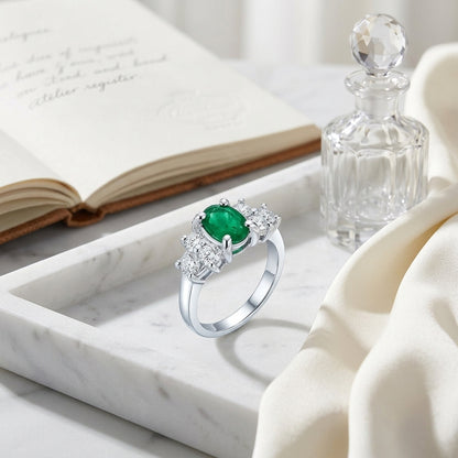 Emerald And Diamond Oval Prong Ring In 18k White Gold — atelier still life
